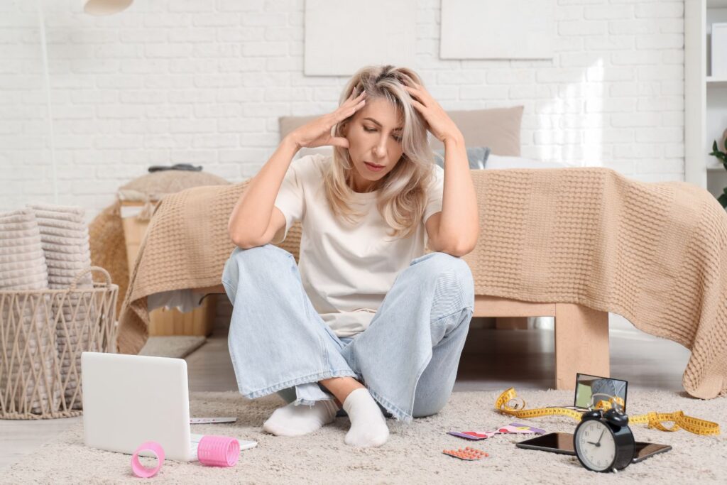 Symptômes périménopause : découvrez les signes clés, comment les reconnaître et mieux les vivre 1 une femme d'age mûr est assise par terre et s'aère avec sa main pour alléger les symptômes périménopause ou préménopause
