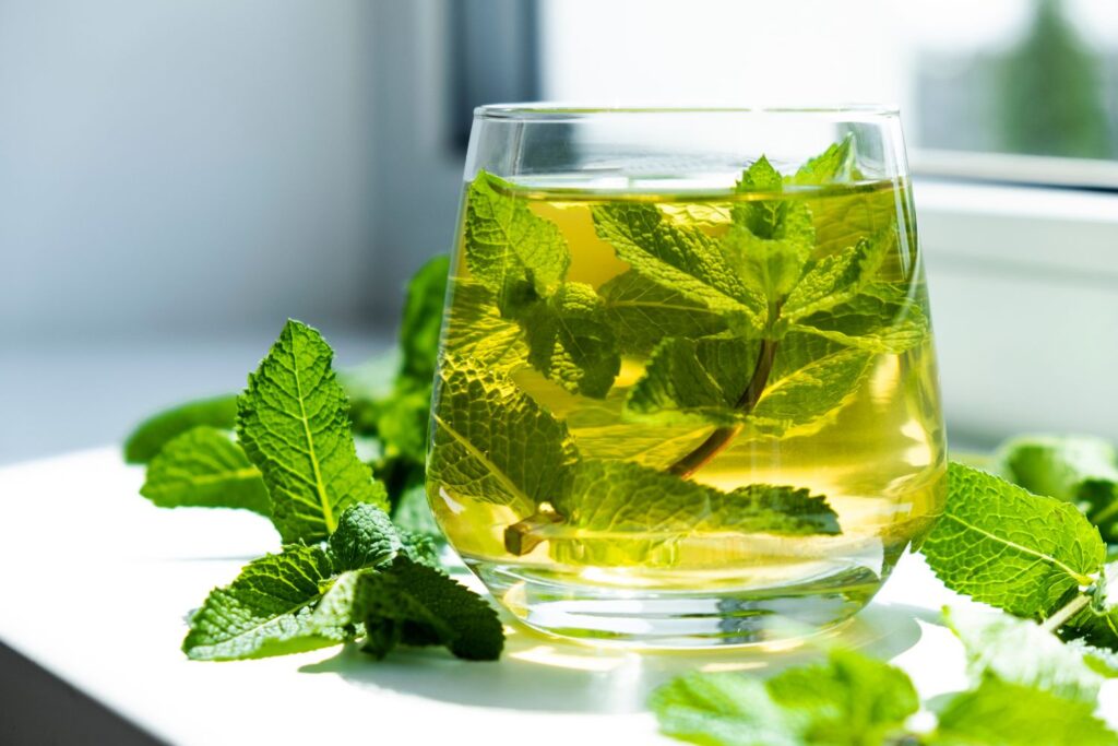 Comment gérer les bouffées de chaleur au bureau ? 5 Un verre contenant un liquide vert ainsi que des feuilles de menthe est posé sur la table à coté de feuilles de menthe fraiches pour suggérer comment gérer les bouffées de chaleur au bureau.