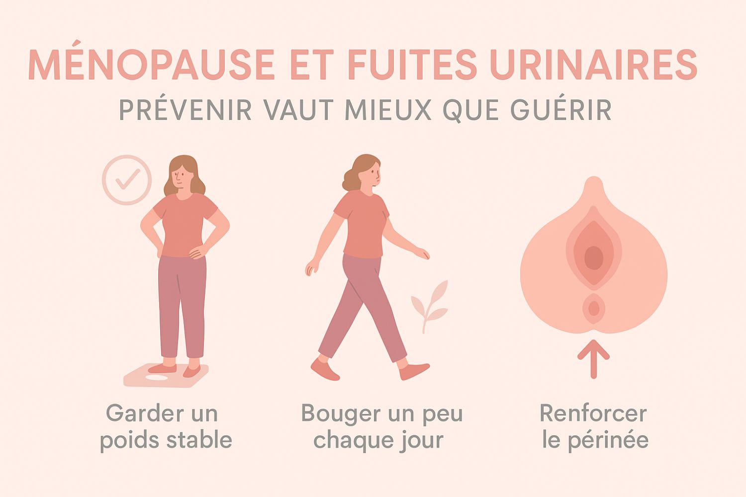 Ménopause et fuites urinaires : en parler pour mieux agir 4 schémas qui illustre comment éviter ménopause et fuites urinaires