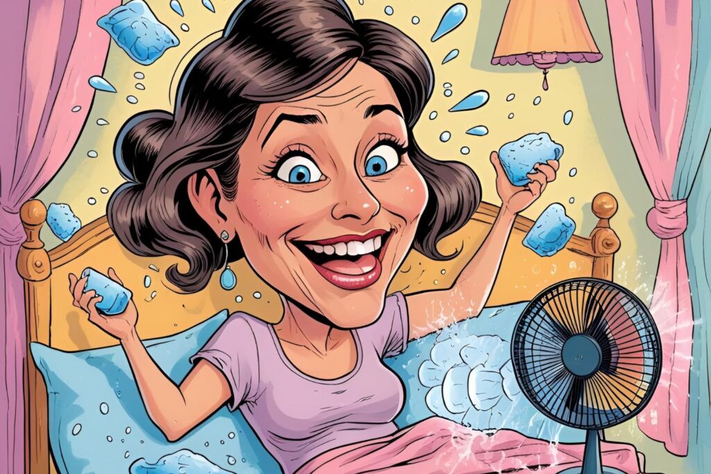 sueurs nocturnes ménopause dessin illustré avec une femme dans un lit avec des glaçons