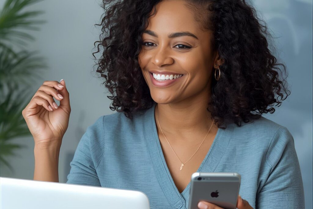 une femme metissée souriante habillée en bleu est devant son ordinateur pour faire le test de ménopause gratuit en ligne