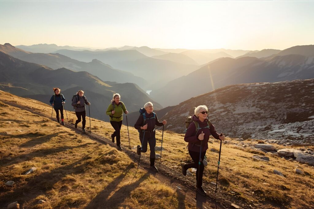 Un groupe de 5 personne cheveux gris et blanc en tenue de sport font de la marche nordique avec des batons pour illustrer l'article ménopause et sport