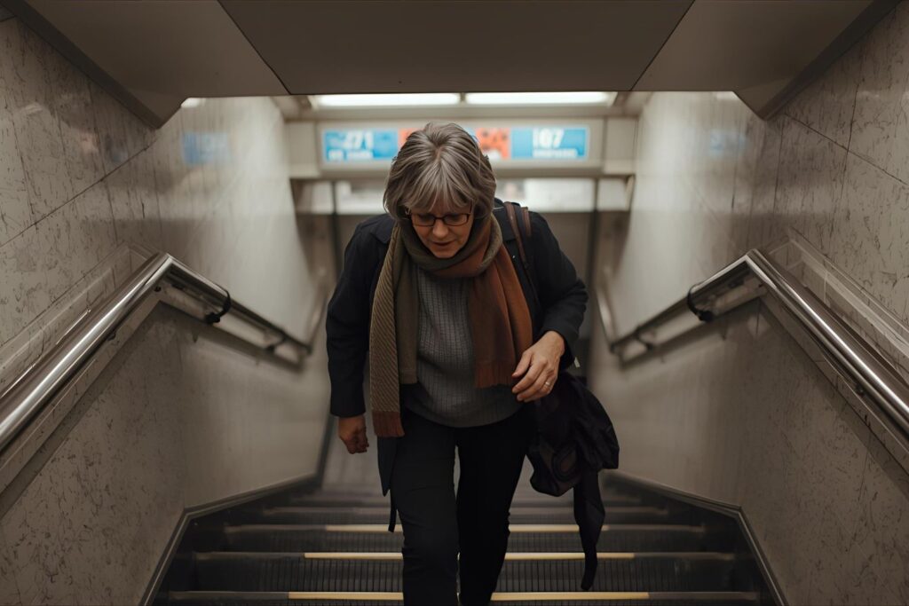 Une femme aux cheveux gris en tenue de ville monte les escaliers du métro pour illustrer l'article ménopause et sport