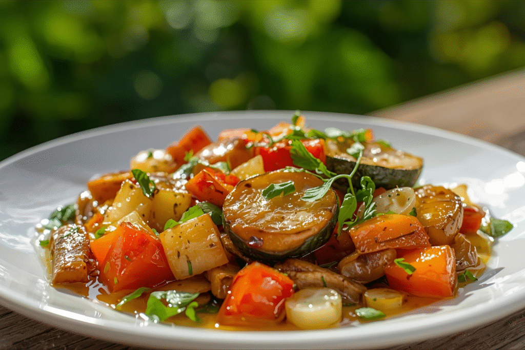 une assiette de légumes cuits colorée pour atténuer le gros ventre à la ménopause
