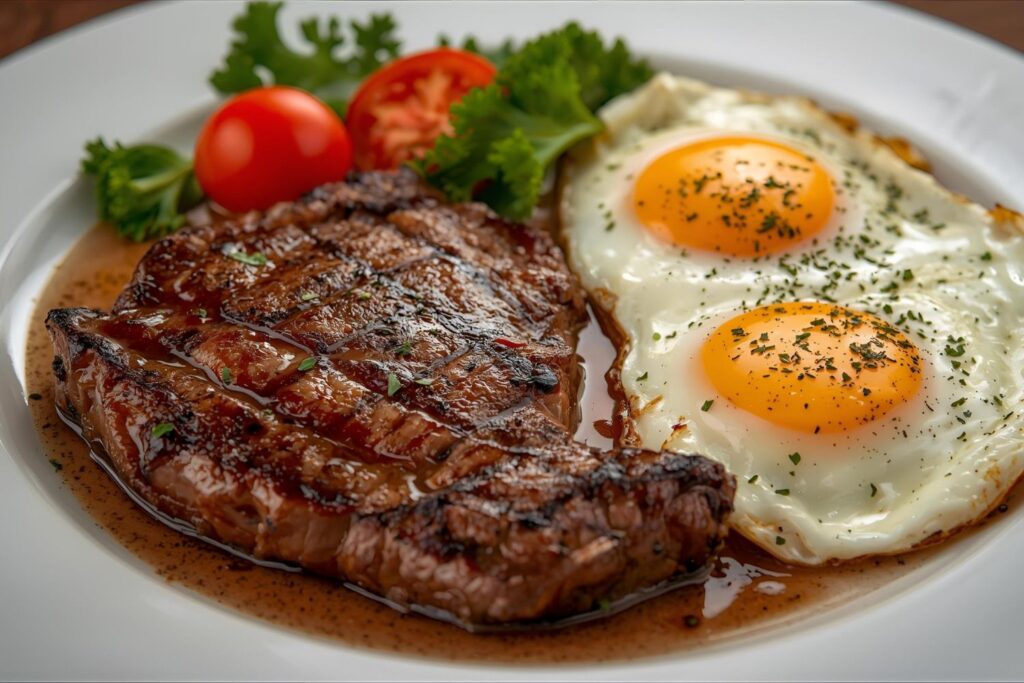 Un morceau de viande grillée avec des oeufs au plats des tomates et de la salade dans une assiette pour illustrer l'article quoi manger à la ménopause