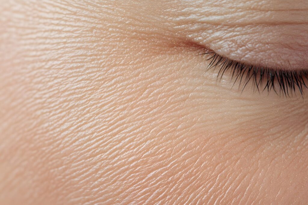 Le zoom sur la peau d'une joue avec un oeil fermé pour illustrer l'article sperme de saumon en injection.