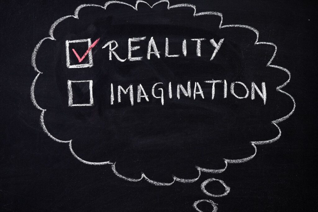 La case "REALITY" cochée au lieu de "IMAGINATION" en dessous dans une bulle dessinée à la craie sur tableau noir pour illustrer l'article sperme de saumon en injection.