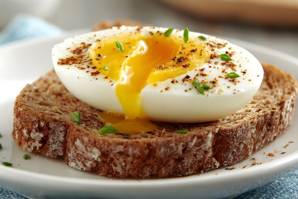 Un oeuf dur avec le jaune coulant sur une tranche de pain complet pour illustrer l'organisation des repas à la ménopause