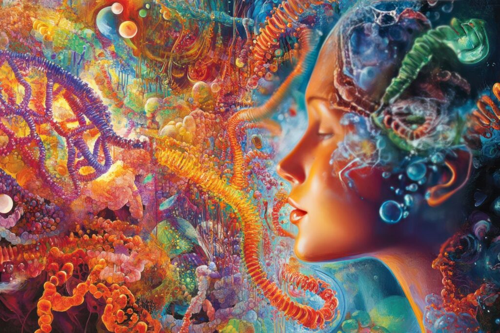 L'illustration en 3D d'une tete de femme dans dans des formes colorées qui flottent pour illustrer l'organisation des repas à la ménopause